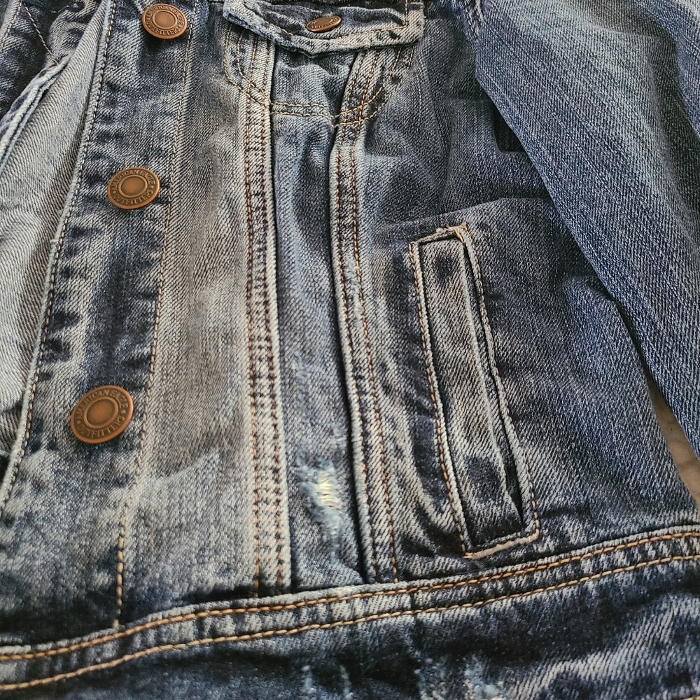 American Eagle 100% Cotton Medium Blue Distressed Denim Jean Jacket Women M - Picture 5 of 6